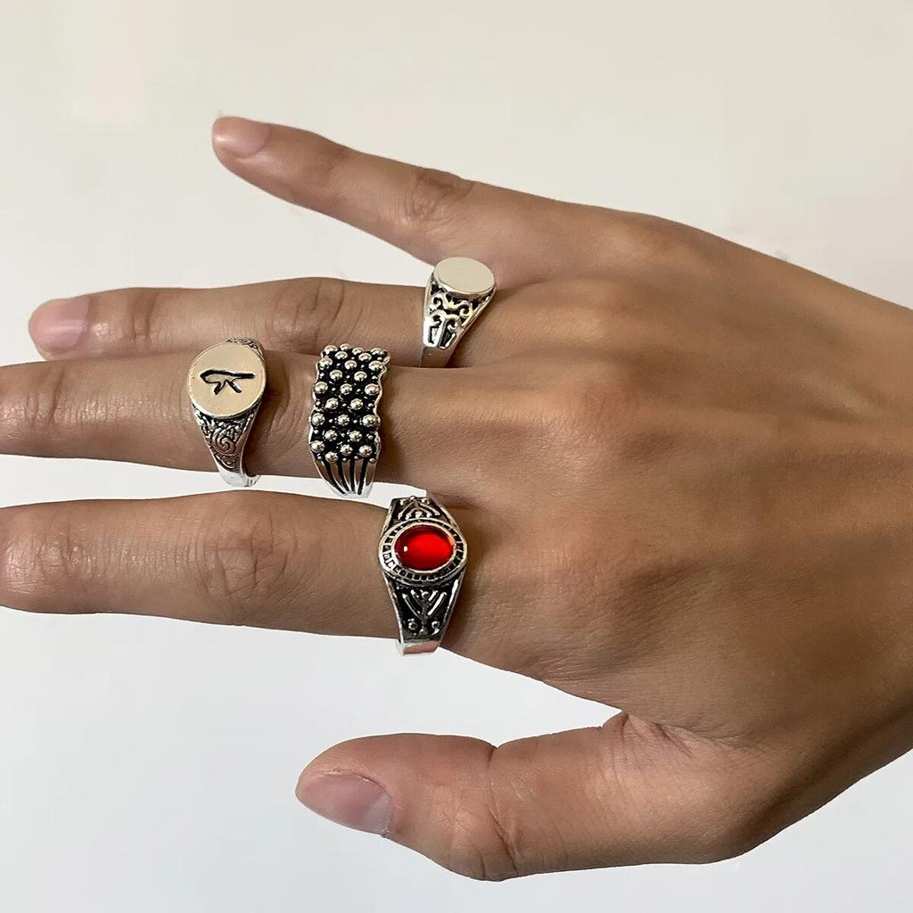 4Pcs Retro Simple Stainless Steel Wide Ring Men's Gothic Pattern Metal Ring Casual Jewelry