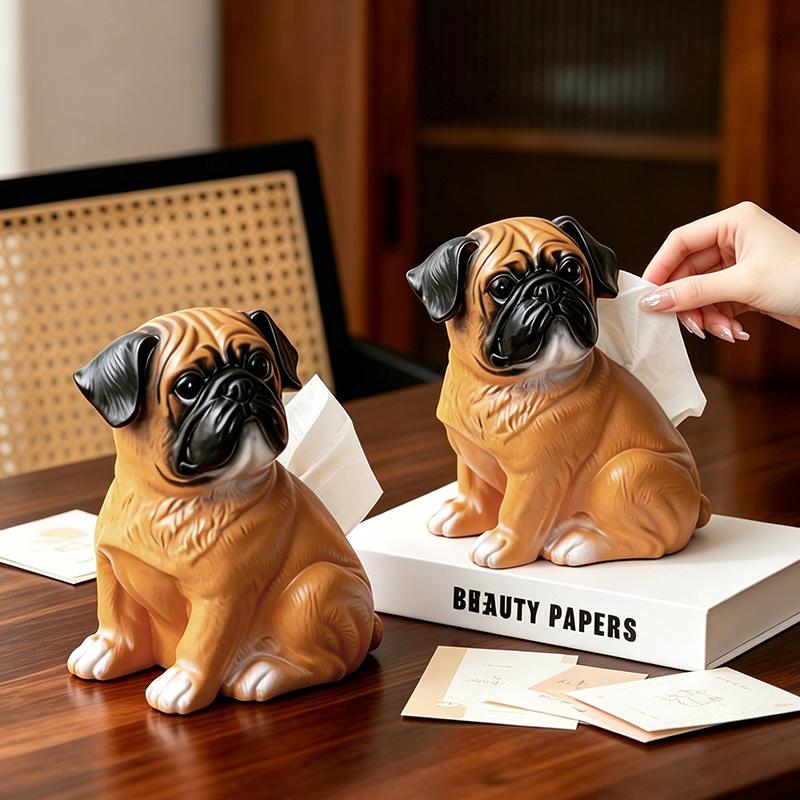 Adorable Pug Dog Resin Figurine Tissue Holder Charming Pet Statue for Living Room Bedroom Countertop Home Decor Ornament
