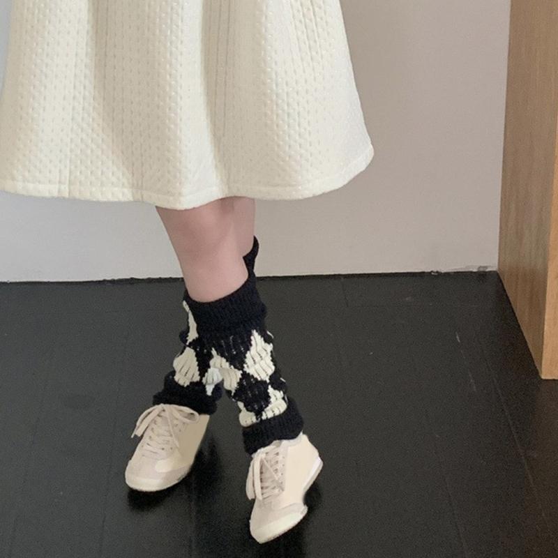 Argyle Pattern Wool Knitted Turn Cuffs Leg Warmers for Women and Students Cold Weather Foot Covers Footless Calf Socks