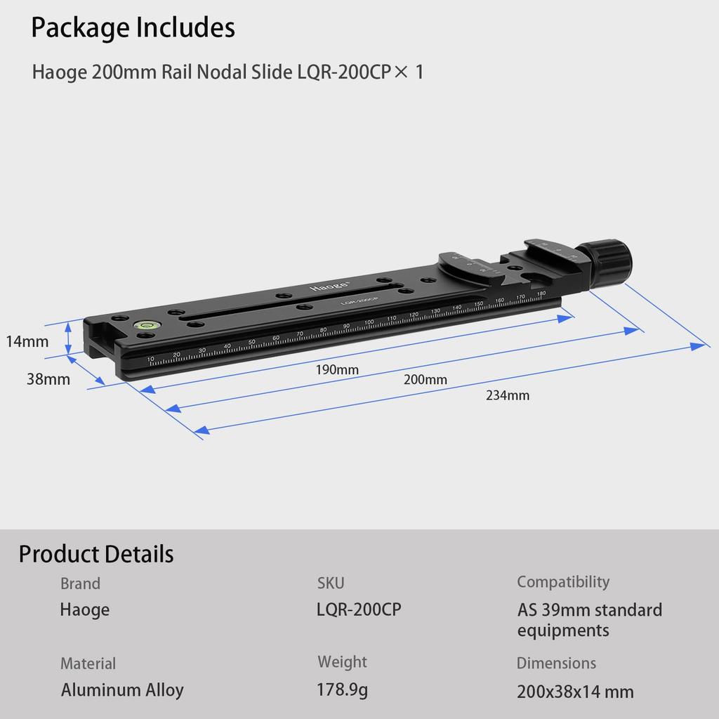 Haoge 200mm Nodal Slide Double Dovetail Focus Rail Plate with Metal Quick Release Clamp for Camera Panoramic Macro Photography with Arca Swiss RRS