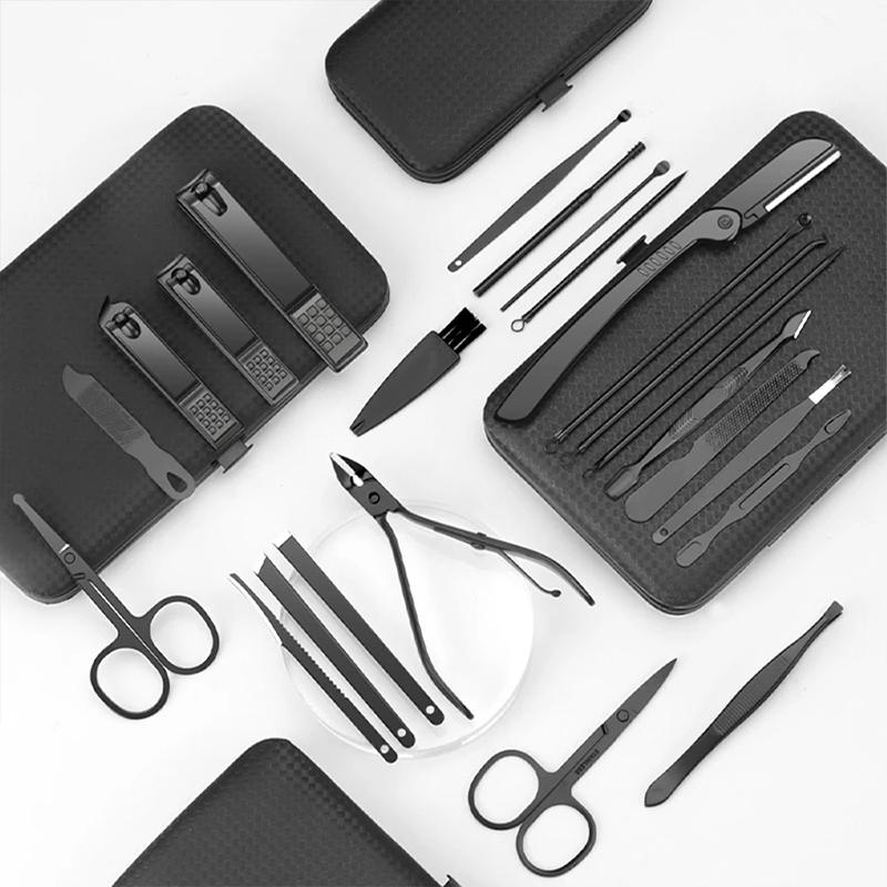 Schwarz Rot 7-teiliges Set Professionelles Maniküre-Set Kits Edelstahl Fingernagel Zehennagel Scheren Set mit Leder Tragbare Hülle