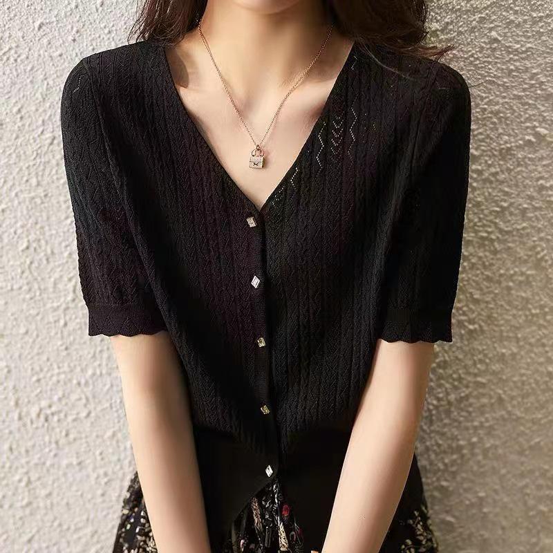 Women's Ice Silk Knit Hollow Out Cardigan & Skirt Set - Summer Short Sleeve Loose Fit