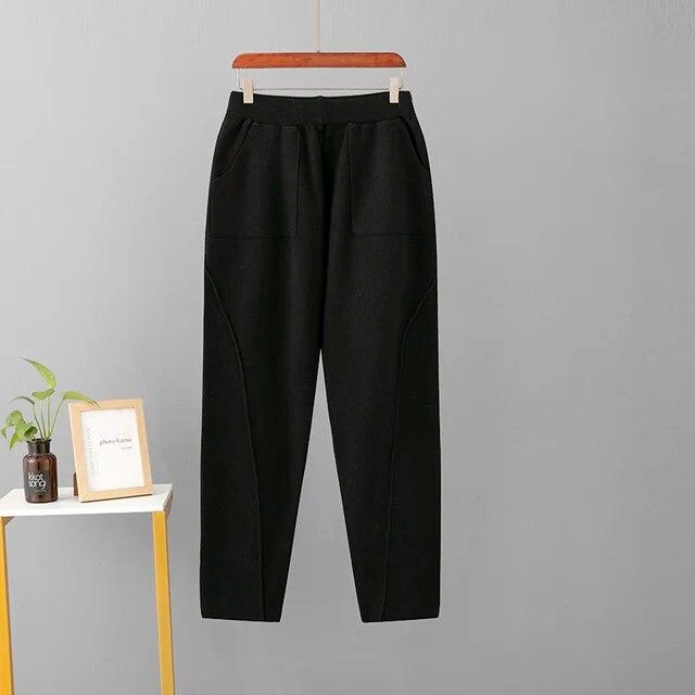 

Осень-зима 2024, вязаные брюки с высокой талией, женские прямые однотонные теплые вязаные брюки с эластичной резинкой на талии One Size чёрный