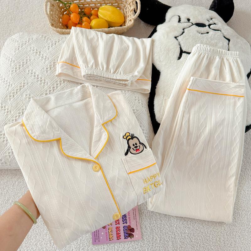 High-value solid color puppy imitation cotton jacquard simple pajamas women's short-sleeved three-piece loungewear