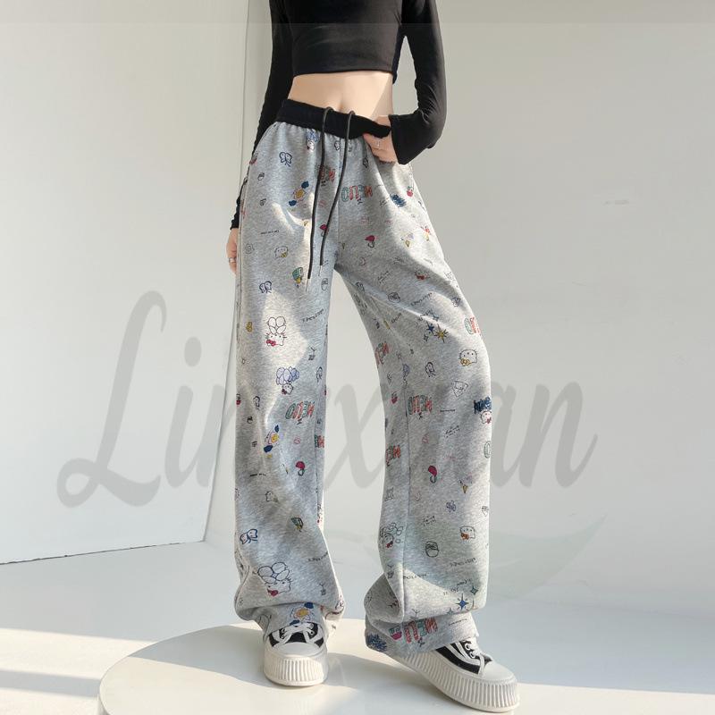 Authentic 2026 Hand-painted Graffiti Sweatpants for Women - Spring/Summer, Elastic Waist, Curved Leg, Casual Drawstring Fit