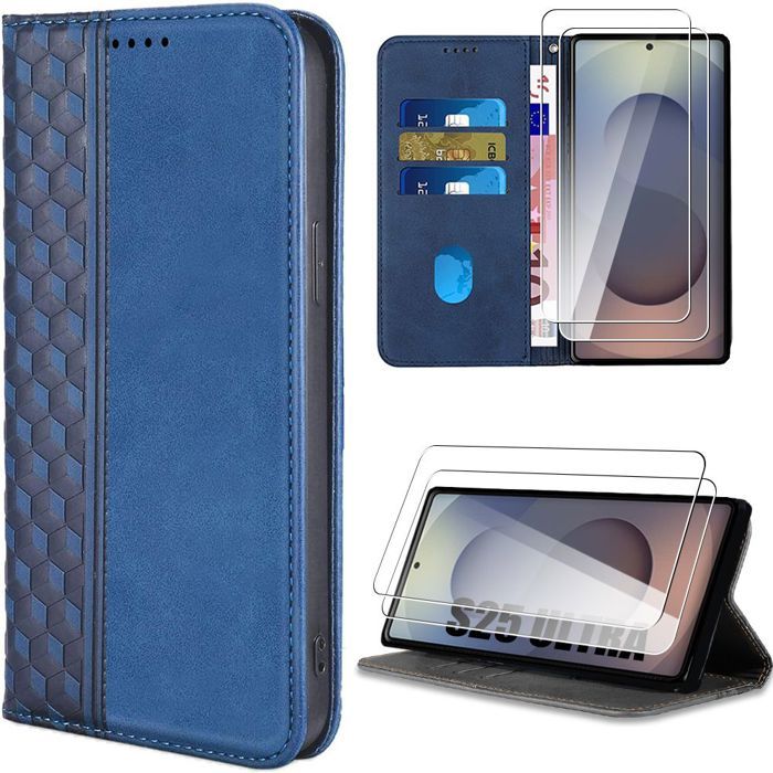 Coque - BOOLING - Samsung Galaxy S25 Ultra - Cuir Synthétique Bleu Marine - 2 Verres Trempés