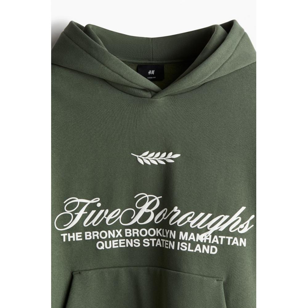 H M Loose Fit Printed Hoodie kHaki Green Five borougHs