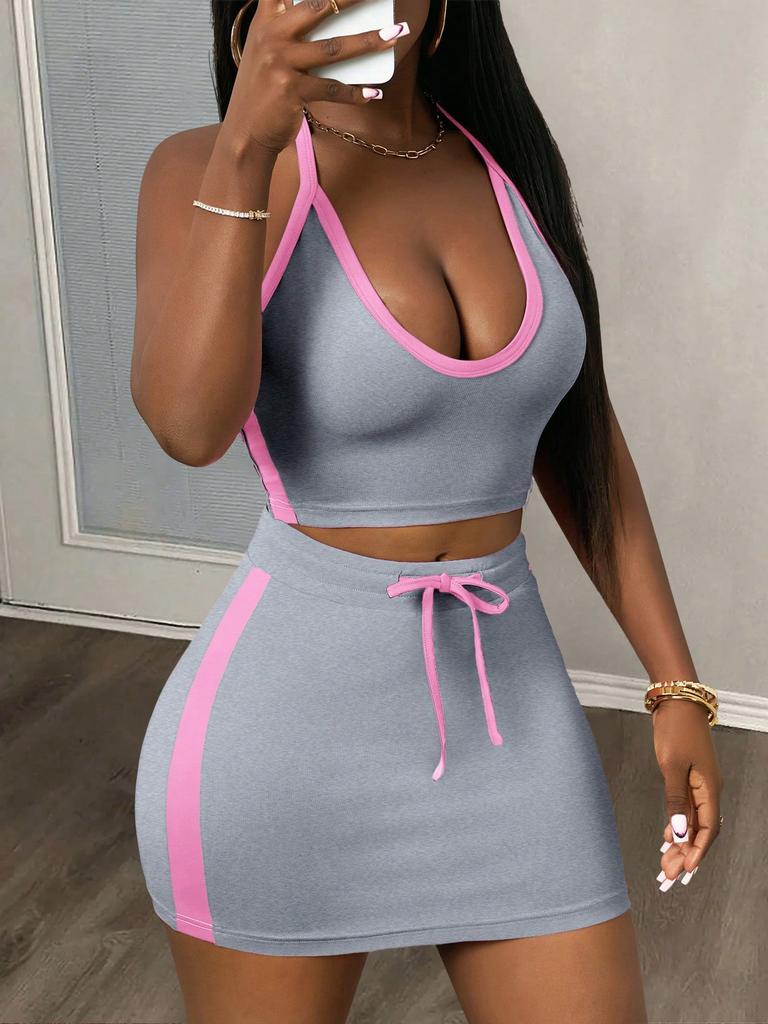 Summer European and American style sexy babes splicing sleeveless skirt set women's solid color short skirt casual two-piece set