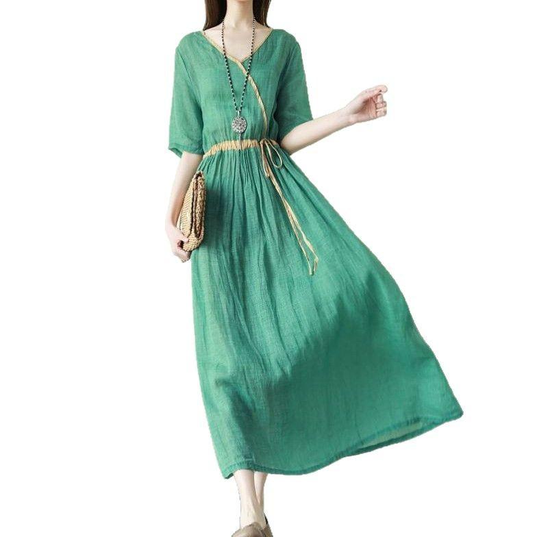 Solid color cotton and linen long dress women's 2025 summer new loose short-sleeved V-neck waist A-word dress