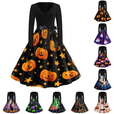 Womens Vintage Halloween Print Dress V Neck Long Sleeve Casual Retro Style Midi Dress with Waist Tie Belt