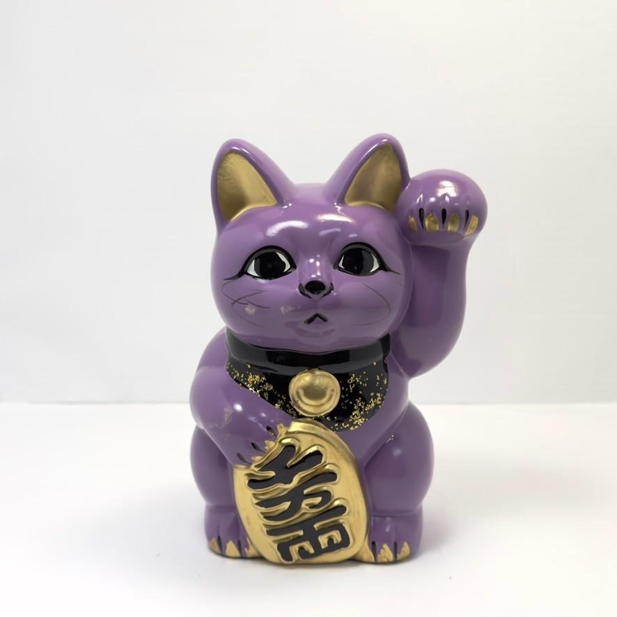 Tokoname Ware Lavender Maneki Neko Left Hand 16cm Made in Japan