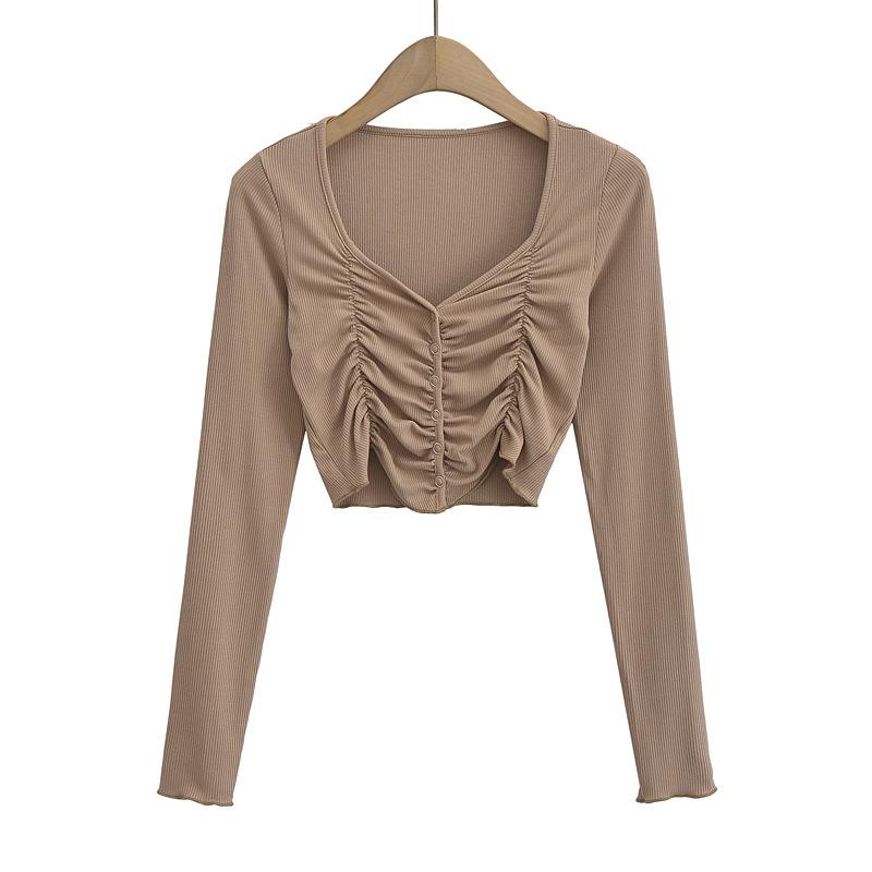 

Смятая щедрая воротничковая однотонная базовая рубашка 2025 женская новая стильная однобортная короткая футболка-кардиган M хаки