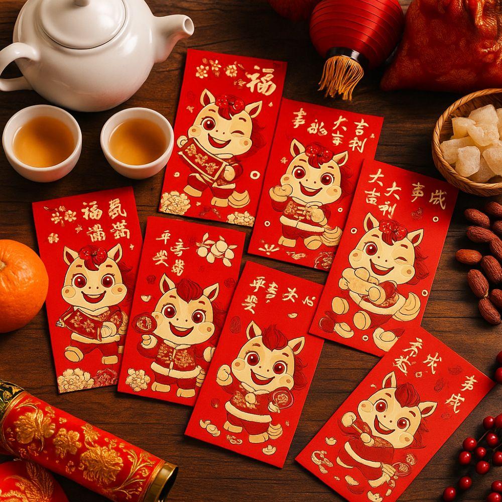 6pcs Gold Stamping 2026 New Year Red Envelope Paper Lucky Red Pocket Gift Bags  Spring Festival