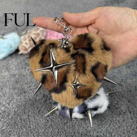 Punk Backpacks Accessory Plush Leopard Love Heart Keychain, Stuffed Keyring Pendant Print Bag Charm with Metal Star, Decorative Key Chain