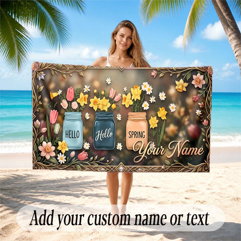 Floral Garden Theme Soft Beach Towel Personalized Custom Name Text Towel Portable for Beach Pool Travel