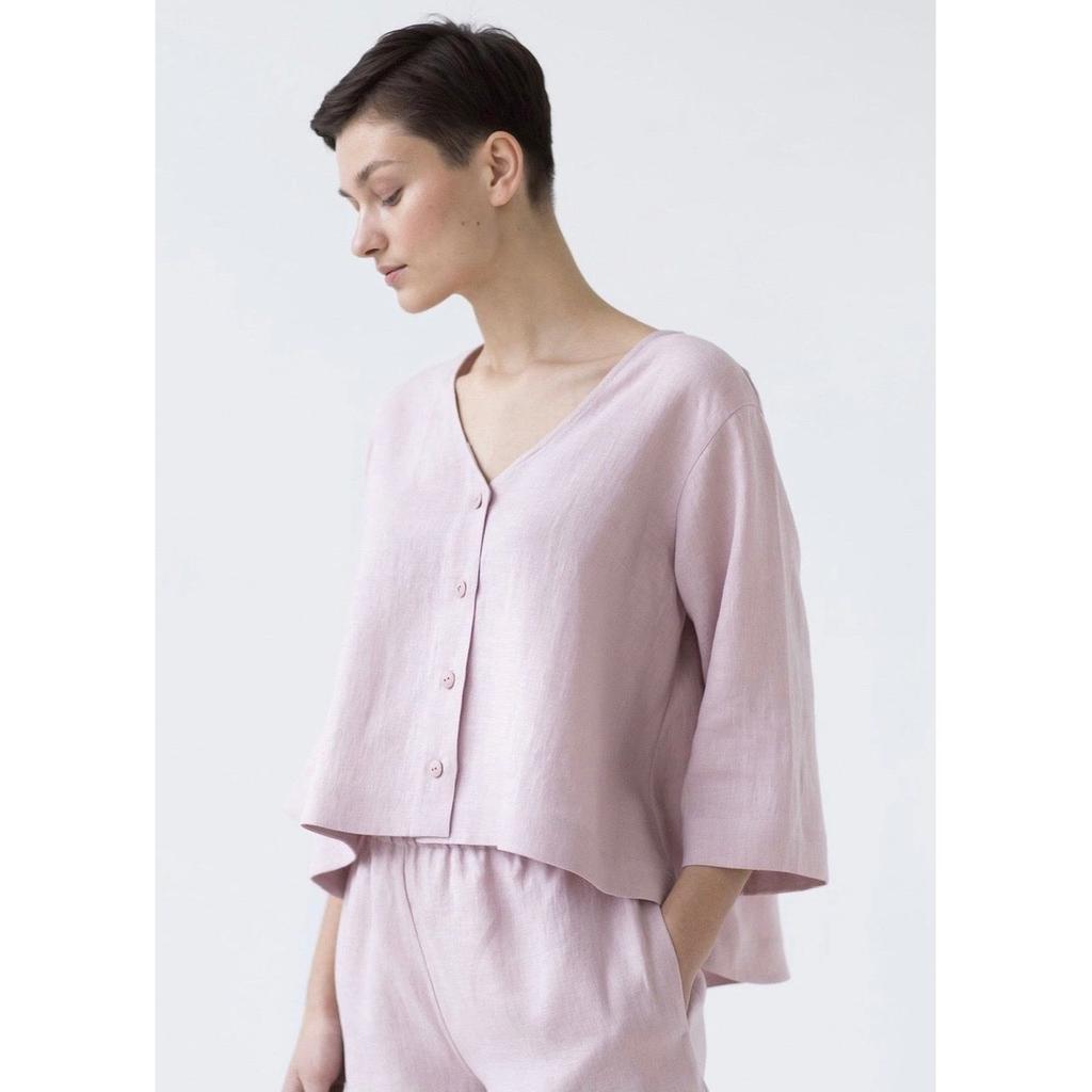 Lniany Rozkloszowany Top Damski Luźna Casualowa Bluzka Rękaw 3/4 Koszula Oversize