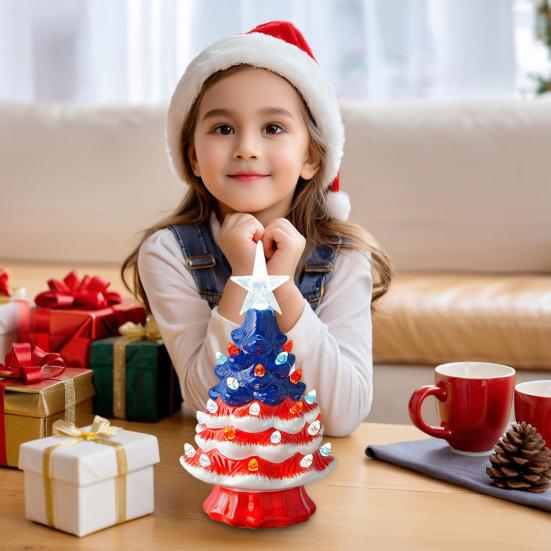 Yousheng 7 Inch Tabletop Christmas Tree LED Light Up Mini Resin Christmas Tree Figurine with Star Tree Topper for Holiday Party Home Decor