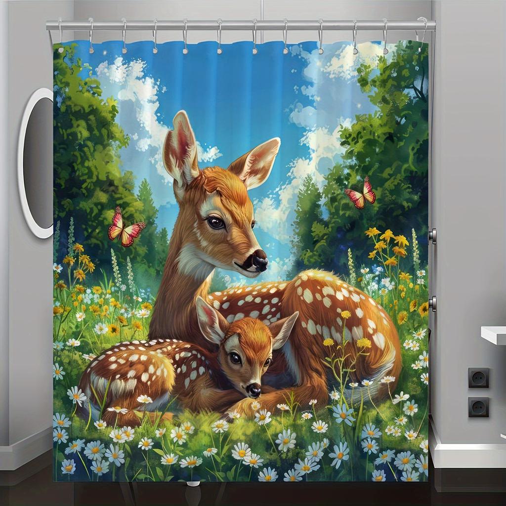 Deer Forest Scene Shower Curtain - Vibrant Digital Print with Mother & Fawn,Butterflies & Wildflowers, All-Season Bathroom Decor