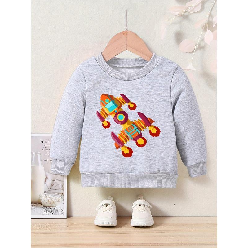 Kids' Cartoon Spaceship Applique Crew Neck Sweatshirt -Regular Fit Under - Casual Spring/Fall Active Pullover