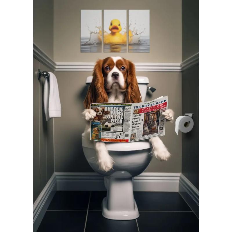 Modern Lion Dog Highland Sitting On Toilet Reading Newspaper Poster Funny Animal Print Canvas Painting Bathroom Decor Picture