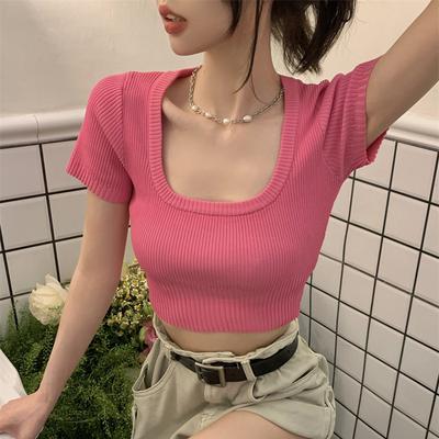 Square Neck Short-sleeved Knit T-shirt Women Summer Design Sense Short High Waist Pink Slim Chic Tops Casual Essential Slim Fit Pullovers Tees