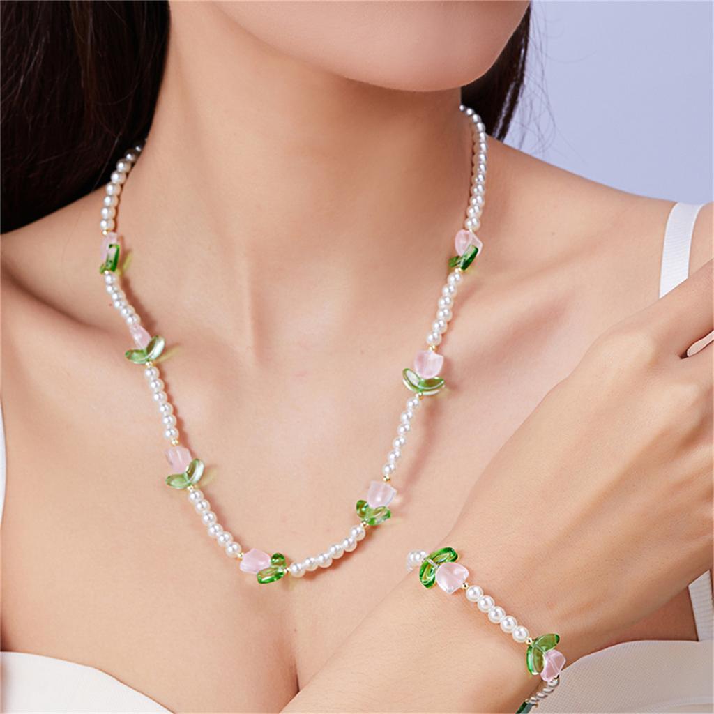 New Fashion Sweet Tulip Flower Necklace Bracelet Set For Women Elegant Pearl Clavicle Chain Necklace Girls Party Jewelry Gift