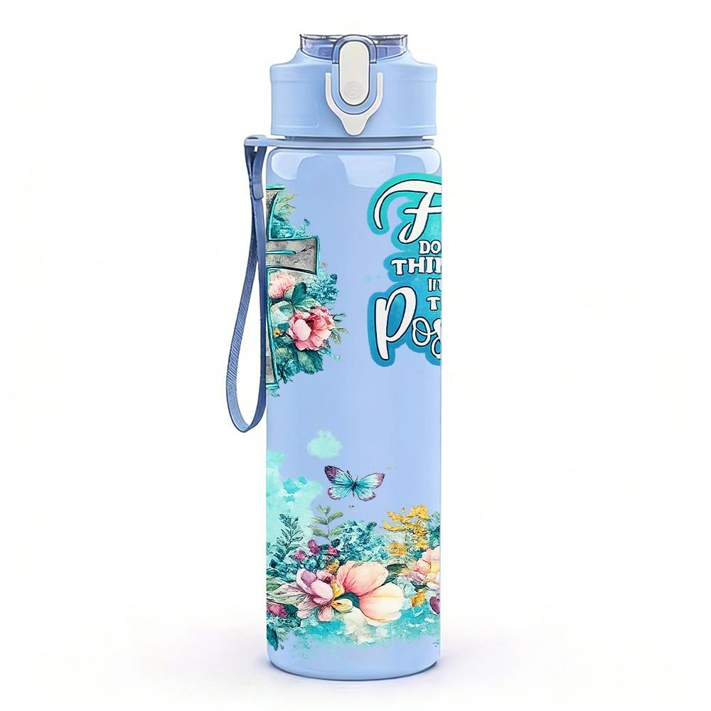 1PC Faith Hope Teal Floral Lettering 750ml Color Plastic Sports Water Bottle Leakproof Flip Straw Lid Suitable for Sports Office Home Use