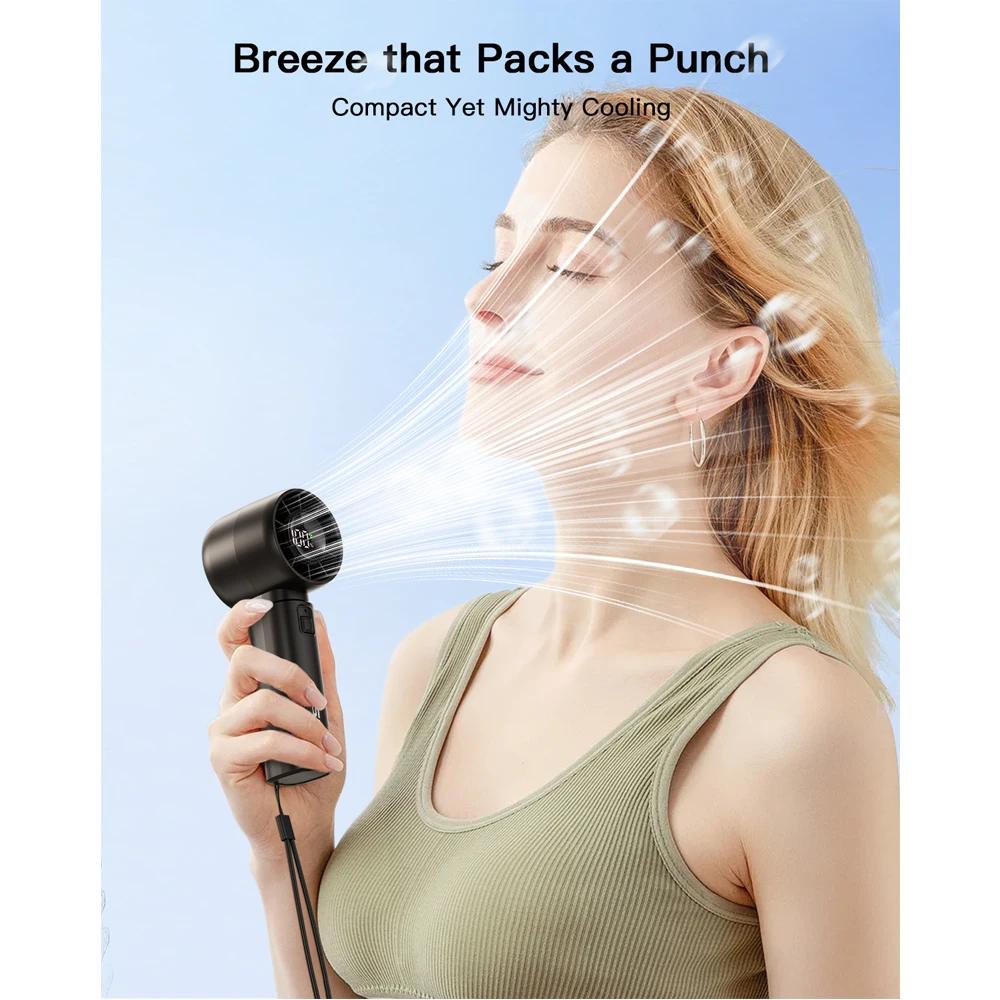 Handheld Mini Fan 4000mAh Battery Portable Rechargeable Fan with LED Display 5 Speed Turbo Fan for Beach Travel Vacation