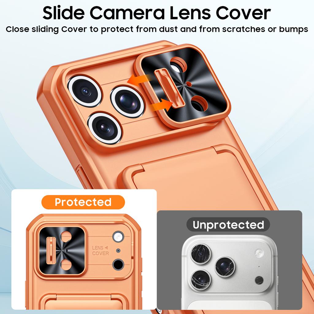 RFID Blocking Wallet Case with Card Holder Sliding Camera Cover and Kickstand for iPhone 18 Pro Max iPhone 17 Pro Max-Orange