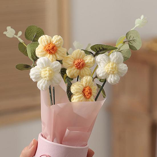 Crochet Flower Bouquet with LED Light Strip Handmade Knitting Yarn Floral Decoration Home Office Table Centerpiece Mother's Day Birthday Gift