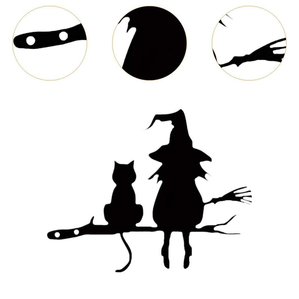 Wall Art Metal Silhouette Witch and Cat Tree Ornament for Fence Garden Lawn