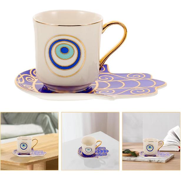 Kichvoe Evil Eye Coffee Mug Set Tea Cups and Saucers Turkish Blue Eye Espresso Cup Water Milk Drinking Cup with Ceramic Hamsa Hand Saucer Candy Plate
