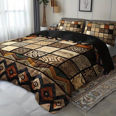Retro Stammesstil Geometrisches Patchwork Bettbezug Set 1 Bettbezug+2 Kissenbezüge Vier Jahreszeiten Hochauflösender Druck