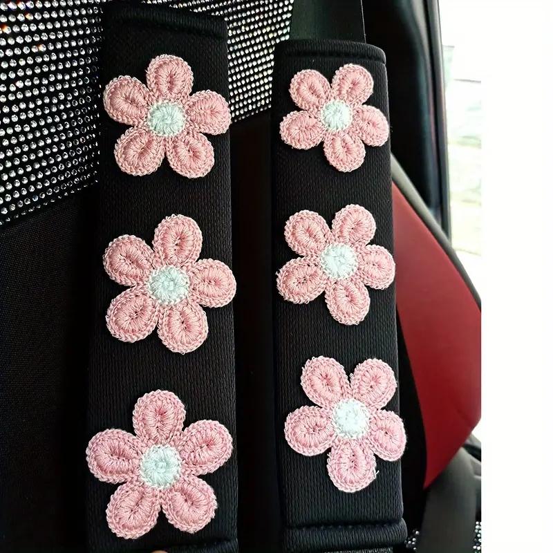 2pcs Ice Silk Pink Flower Shoulder Protection Cartoon Creative Car Seat Belt Shoulder Protection Small Flower Car Interior