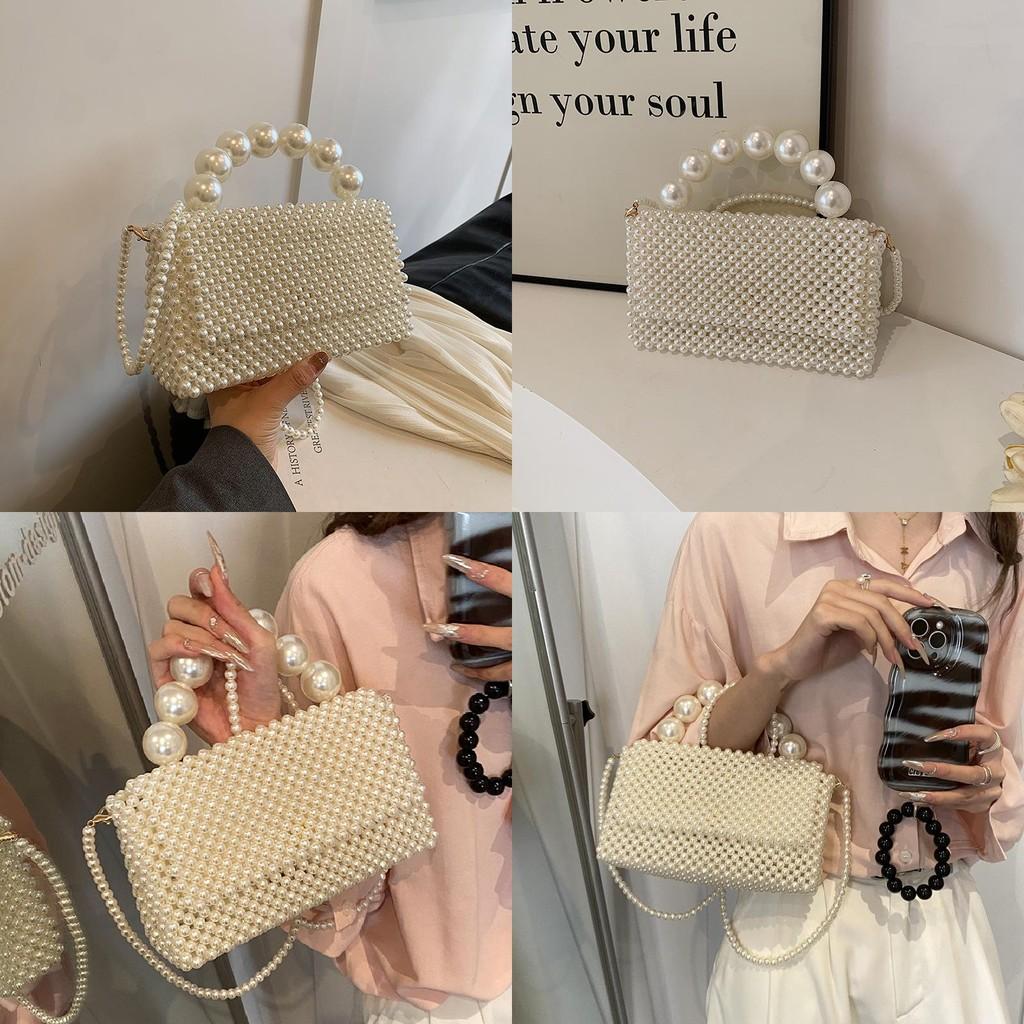 Beading Handwoven Lady Girl Travel Mini Bag Pearl Decor Magnetic Closure Flap
