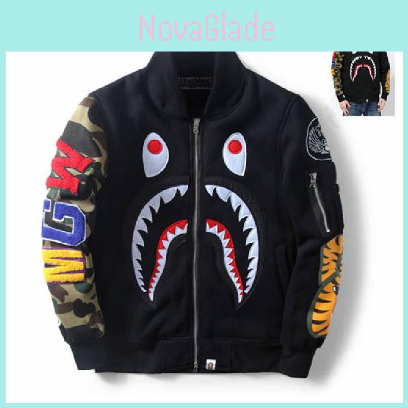Shark Print Bomber Jacket For Men With Windproof Fabric For Casual Daily Wear