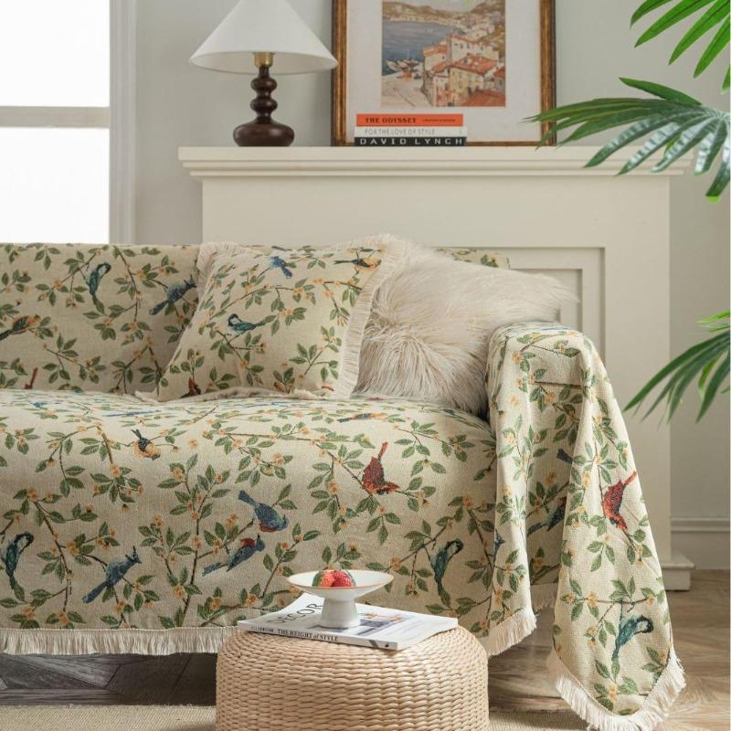 Exquisite sofa towel anti-cat scratch jacquard flower bird green retro festive festival thick sofa blanket