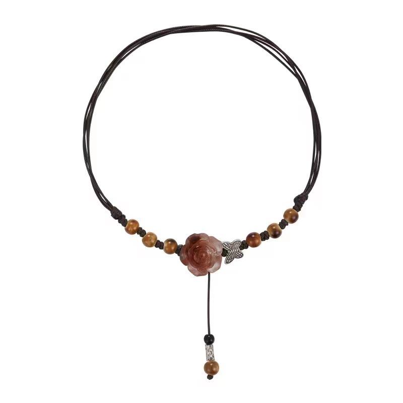 

Ceramic rose-woven necklace, new for women s year, new Chinese-style accessories, long clavicle chain can be pulled.