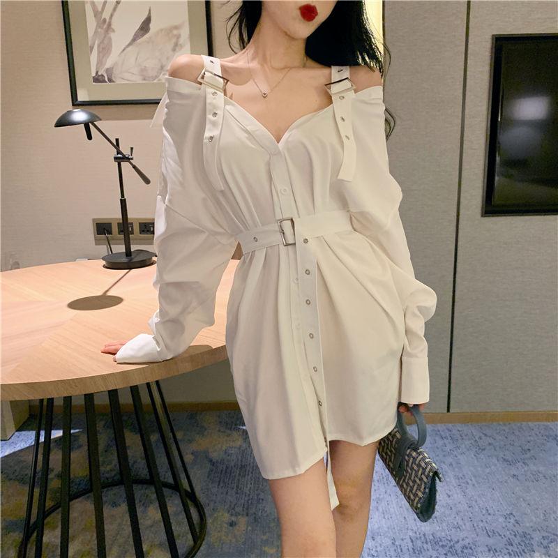 Rochie Gotică Neagră Cămașă Sexy Rochii Mini cu Curea Vară Punk Mânecă Lungă Bretea Umeri Goi Haine Femei Petrecere Vestidos