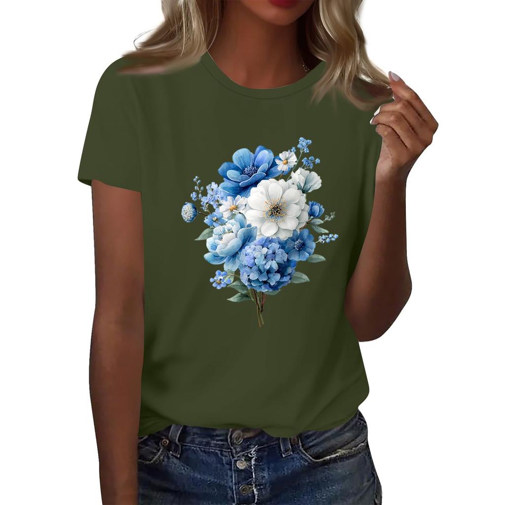 Women's Fashion Casual Printed Round Neck Short Sleeved T-Shirt Top T-Shirt Top Top