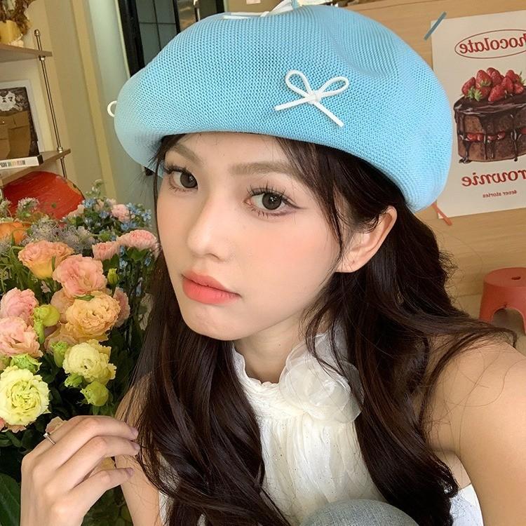 Cute And Sweet Korean Style Beret Hat For Women With Bow And Embroidery For Spring