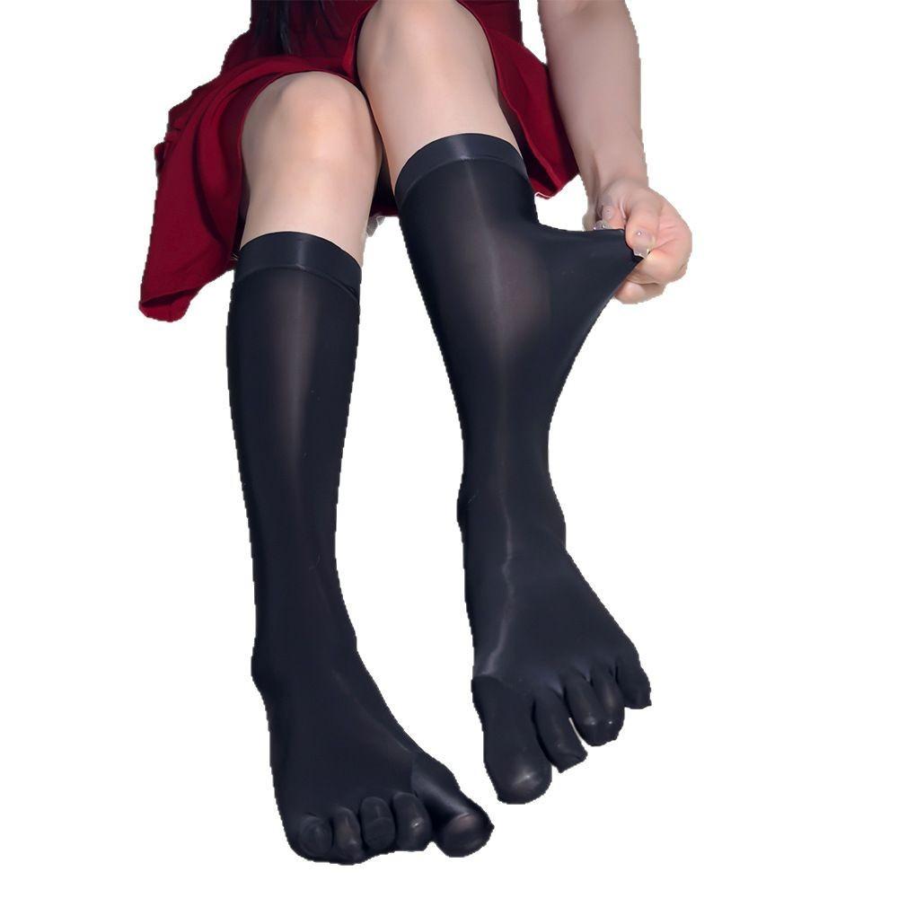 Oily Glossy Toe-Socks, Medium Tube Thin Five-Toe Stockings, Silky Horse-Oil Black Pantyhose for Men & Women
