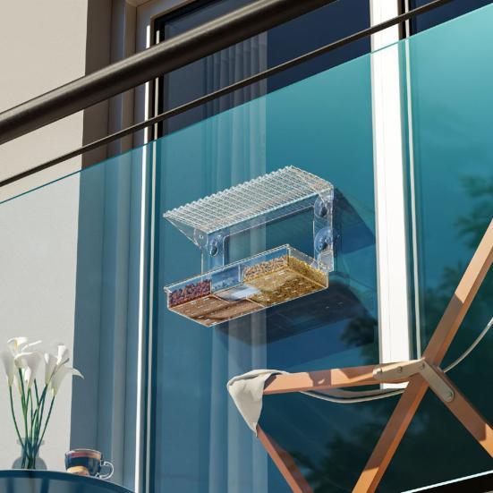 Window Birds Feeder with Suction Cups Clear Wildbird Feeder with Detachable Seeds Water Tray for Outdoor Birds Watching