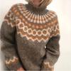 Maglione da donna a collo alto con motivo Fair Isle, lavorazione grossa, jacquard etnico vintage, manica lunga, caldo pullover