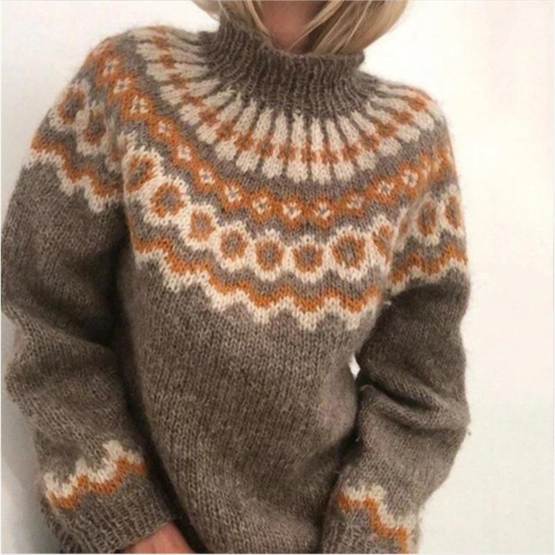Maglione da donna a collo alto con motivo Fair Isle, lavorazione grossa, jacquard etnico vintage, manica lunga, caldo pullover