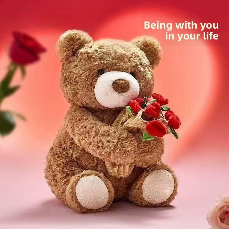 Cute Teddy Bear Plush Doll With Embracing Rose Decorations For Holiday Gift
