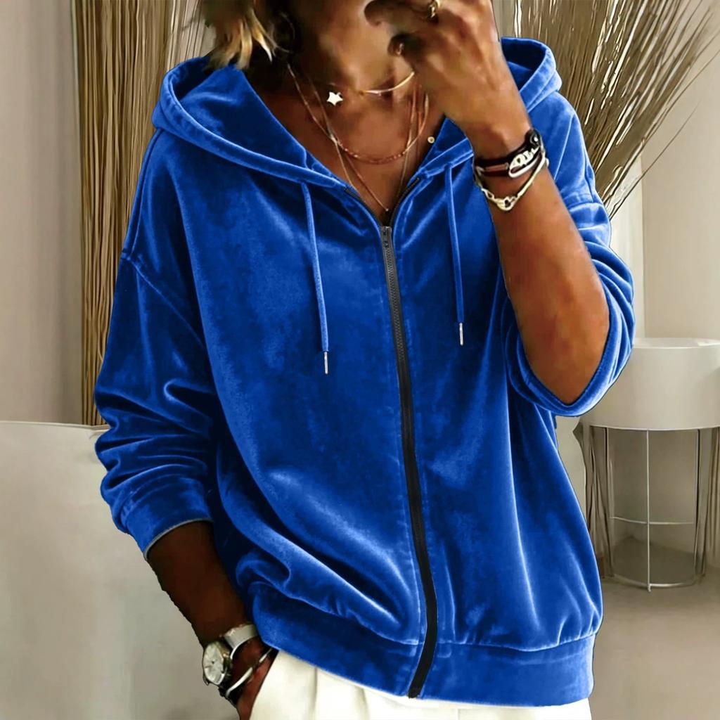 New European and American Casual Solid Color Velvet Drawstring Hooded Zipper Long-sleeved Women's Sweater