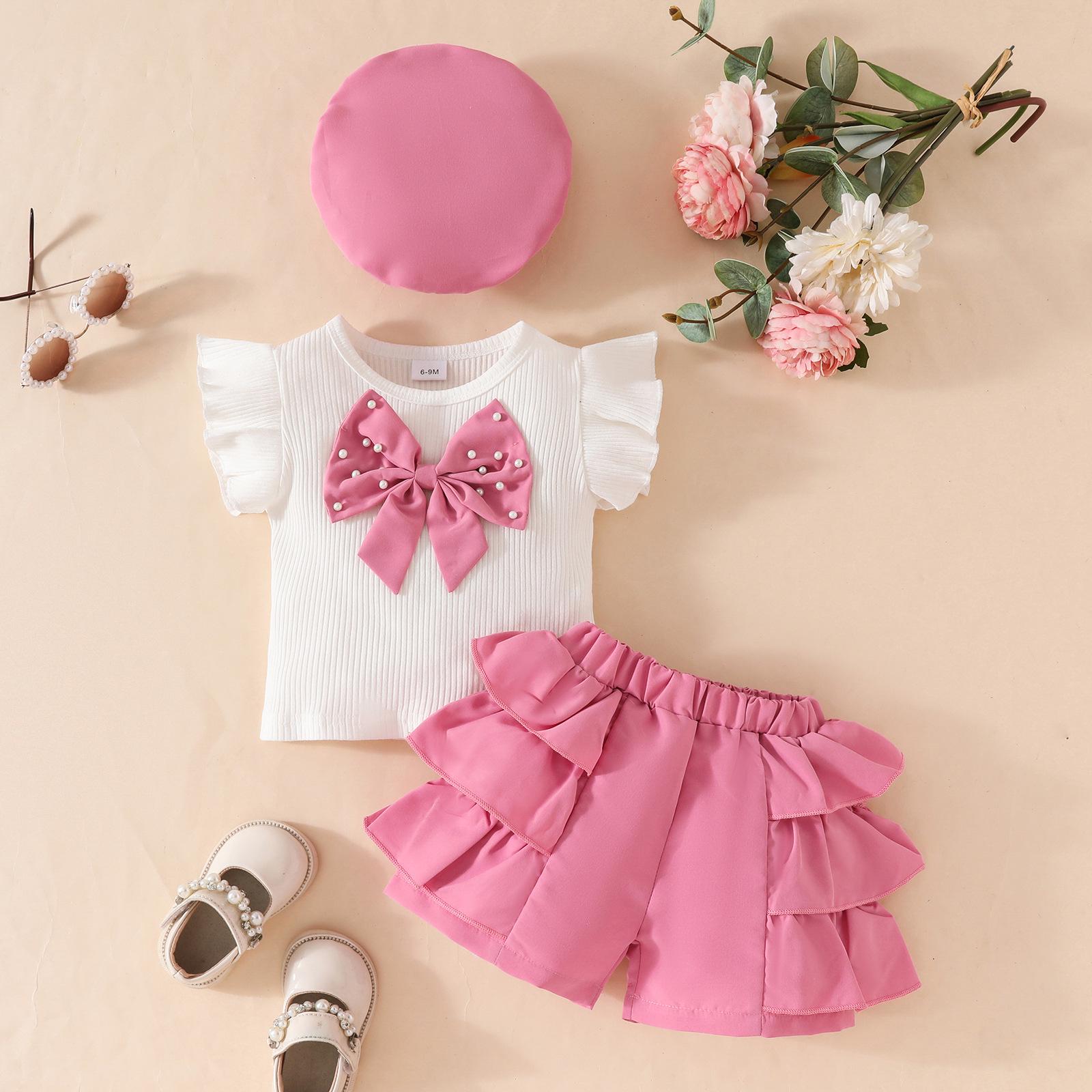 

2025 Summer Infant & Toddler Girl Bow Top with Ruffled Beaded Shorts & Beret Set 6-9 months