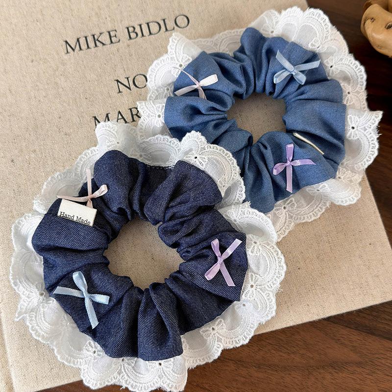 Fashion Colorful Bow Denim Splicing Lace Hair Scrunchies Headband Women RetroTemperament Hair Rope Girl Tie Ponytail Rubber Band