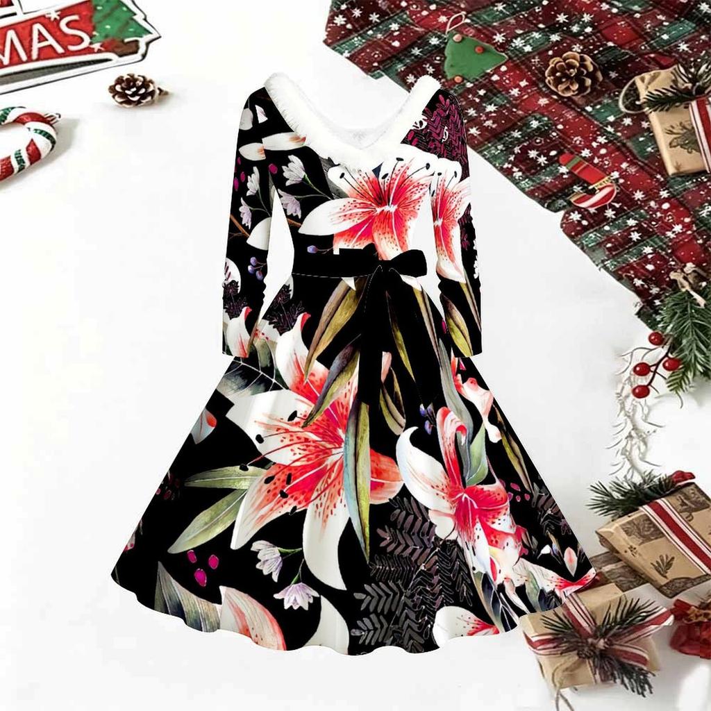 Women Floral Print Midi Dress, Long Sleeve V‑Neck Furry Trim A‑Line Party Dress, Christmas Limited Edition